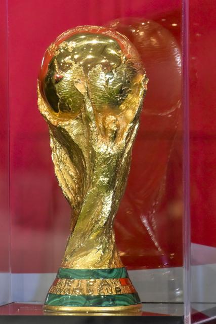 The original FIFA World Cup trophy is seen during its tour in Jakarta on January 22, 2026. (Photo by BAY ISMOYO / AFP)