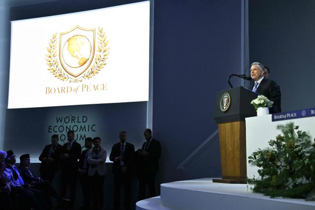 US Special Envoy Steve Witkoff speaks at the "Board of Peace" meeting during the World Economic Forum (WEF) annual meeting in Davos on January 22, 2026. US President Donald Trump will show off his new "Board of Peace" at Davos on January 22, 2026 burnishing his claim to be a peacemaker a day after backing off his own threats against Greenland. Originally meant to oversee the rebuilding of Gaza after the war between Hamas and Israel, the board's charter does not limit its role to the Strip, and has sparked concerns that Trump wants it to rival the United Nations. (Photo by Mandel NGAN / AFP)