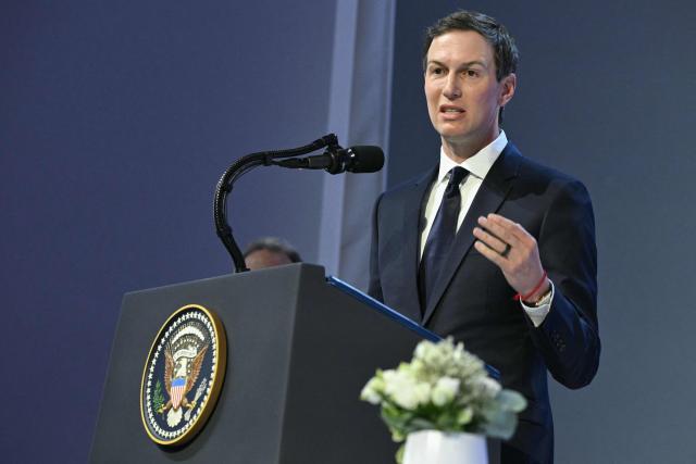 US businessman Jared Kushner speaks at the "Board of Peace" meeting during the World Economic Forum (WEF) annual meeting in Davos on January 22, 2026. US President Donald Trump will show off his new "Board of Peace" at Davos on January 22, 2026 burnishing his claim to be a peacemaker a day after backing off his own threats against Greenland. Originally meant to oversee the rebuilding of Gaza after the war between Hamas and Israel, the board's charter does not limit its role to the Strip, and has sparked concerns that Trump wants it to rival the United Nations. (Photo by Mandel NGAN / AFP)