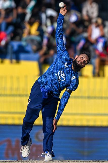 England's Adil Rashid bowls during the first one-day international (ODI) cricket match between Sri Lanka and England at the R. Premadasa International Cricket Stadium in Colombo on January 22, 2026. (Photo by Ishara S. KODIKARA / AFP)