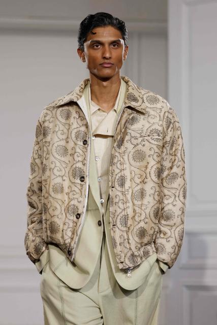 A model presents a creation by Kartik Research for the Menswear Ready-to-wear Fall-Winter 2026/2027 collection as part of the Men Paris Fashion Week in Paris on January 22, 2026.  (Photo by Ian LANGSDON / AFP)