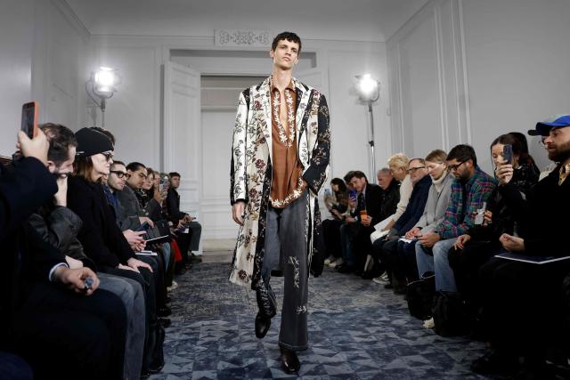 A model presents a creation by Kartik Research for the Menswear Ready-to-wear Fall-Winter 2026/2027 collection as part of the Men Paris Fashion Week in Paris on January 22, 2026.  (Photo by Ian LANGSDON / AFP)