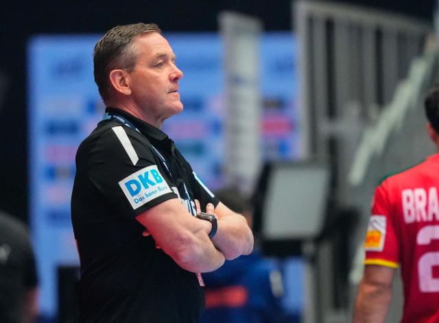 Germany's coach Alfred Gislason looks on during the men's EHF Euro 2026 main round handball match Germany vs Portugal in Herning, Denmark, on January 22, 2026. (Photo by Sebastian Elias Uth / Ritzau Scanpix / AFP) / Denmark OUT