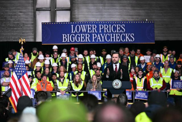 US Vice President JD Vance speaks at an industrial shipping facility on the administration’s economic agenda and impacts on the Midwest in Toledo, Ohio, on January 22, 2026. (Photo by Jim WATSON / POOL / AFP)