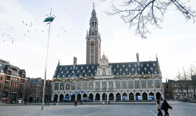 This photograph shows the university library of KU Leuven at the Ladeuze square, in Leuven, on January 22, 2026. (Photo by ELIAS ROM / Belga / AFP)