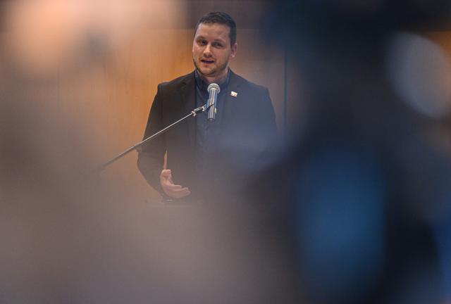 Greenland's Prime Minister Jens-Frederik Nielsen addresses a press conference on January 22, 2026 in Greenland's capital Nuuk. (Photo by Jonathan Nackstrand / AFP)