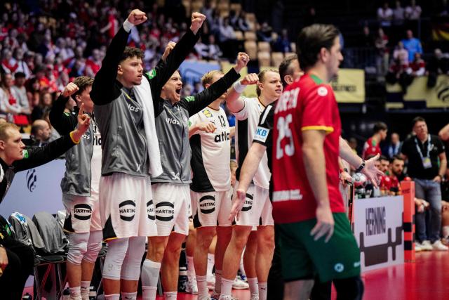 Germany's players react during the men's EHF Euro 2026 main round handball match Germany vs Portugal in Herning, Denmark, on January 22, 2026. (Photo by Sebastian Elias Uth / Ritzau Scanpix / AFP) / Denmark OUT