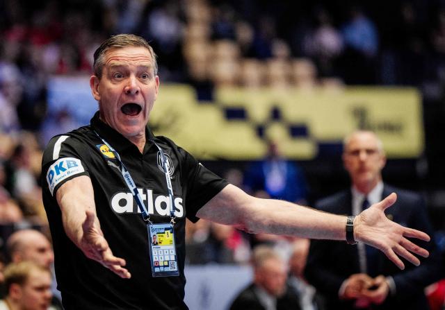 Germany's coach Alfred Gislason gestures during the men's EHF Euro 2026 main round handball match Germany vs Portugal in Herning, Denmark, on January 22, 2026. (Photo by Sebastian Elias Uth / Ritzau Scanpix / AFP) / Denmark OUT