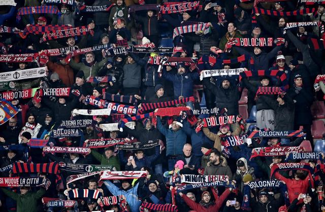 Bologna's supporters hold banners as they cheer prior to the Europa League 1st round day 7 football match between Bologna and Celtic at Stadio Renato Dall'Ara in Bologna on January 22, 2026. (Photo by Isabella BONOTTO / AFP)