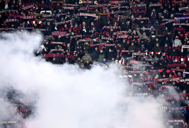 Bologna's supporters hold banners as they cheer prior to the Europa League 1st round day 7 football match between Bologna and Celtic at Stadio Renato Dall'Ara in Bologna on January 22, 2026. (Photo by Isabella BONOTTO / AFP)