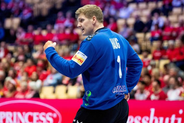 Norway's goalkeeper #01 Robin Paulsen Haug celebrates during the men's EHF Euro 2026 main round handball match Spain vs Norway in Herning, Denmark, on January 22, 2026. (Photo by Bo Amstrup / Ritzau Scanpix / AFP) / Denmark OUT