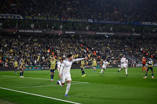 Aston Villa's English forward #19 Jadon Sancho celebrates after scoring his team's first goal during the Europa League 1st round day 7 football match between Fenerbahce and Aston Villa at Sukru Saracoglu Stadium in Istanbul on January 22, 2026. (Photo by Yasin AKGUL / AFP)