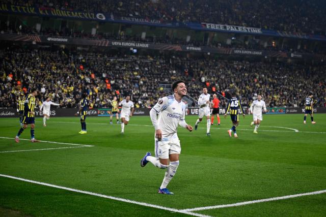 Aston Villa's English forward #19 Jadon Sancho celebrates after scoring his team's first goal during the Europa League 1st round day 7 football match between Fenerbahce and Aston Villa at Sukru Saracoglu Stadium in Istanbul on January 22, 2026. (Photo by Yasin AKGUL / AFP)