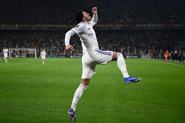Aston Villa's English forward #19 Jadon Sancho celebrates after scoring his team's first goal during the Europa League 1st round day 7 football match between Fenerbahce and Aston Villa at Sukru Saracoglu Stadium in Istanbul on January 22, 2026. (Photo by Yasin AKGUL / AFP)