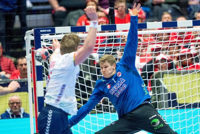 Norway's goalkeeper #01 Robin Paulsen Haug reaches for the ball during the men's EHF Euro 2026 main round handball match Spain vs Norway in Herning, Denmark, on January 22, 2026. (Photo by Bo Amstrup / Ritzau Scanpix / AFP) / Denmark OUT