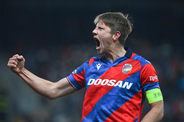 Viktoria Plzen's Czech midfielder #06 Lukas Cerv celebrates during the UEFA Europa League first round - day 7 football match between FC Viktoria Plzen (CZE) and FC Porto (POR) in Plzen, Czech Republic on January 22, 2026. (Photo by Michal Cizek / AFP)