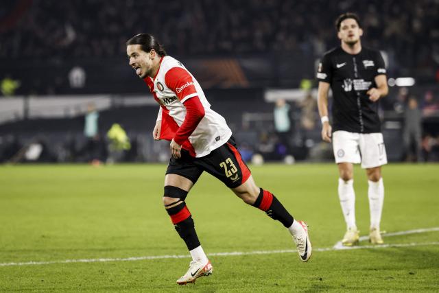 Feyenoord's Algerian forward #23 Anis Hadj-Moussa celebrates scoring his team's second goal during the Europa League 1st round day 7 football match between Feyenoord and SK Sturm Graz at De Kuip stadium in Rotterdam on January 22, 2026. (Photo by Bas Czerwinski / ANP / AFP) / Netherlands OUT