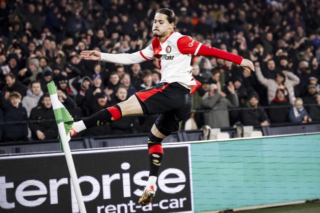 Feyenoord's Algerian forward #23 Anis Hadj-Moussa celebrates scoring his team's second goal during the Europa League 1st round day 7 football match between Feyenoord and SK Sturm Graz at De Kuip stadium in Rotterdam on January 22, 2026. (Photo by Bas Czerwinski / ANP / AFP) / Netherlands OUT