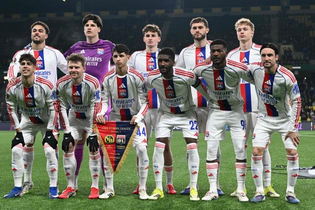 Lyon’s players pose before the Europa League 1st round day 7 football match between Young Boys and Olympique Lyonnais (OL) at Stadion Wankdorf in Bern on January 22, 2026. (Photo by Sйbastien BOZON / AFP)