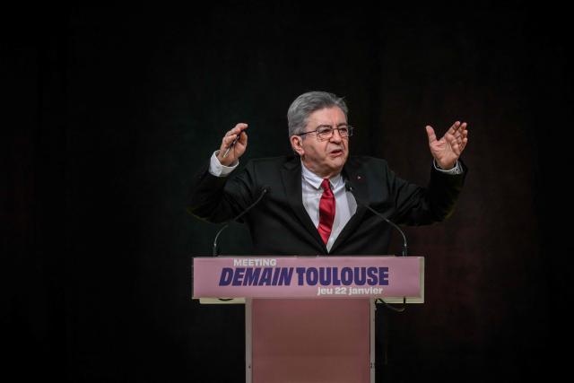 Leader of French left-wing La France Insoumise (LFI) party Jean-Luc Melenchon speaks during a rally in support of La France Insoumise - Nouveau Front Populaire's MP Francois Piquemal, candidate in the municipal elections with the Demain Toulouse list in Toulouse on January 22, 2026. (Photo by Ed JONES / AFP)