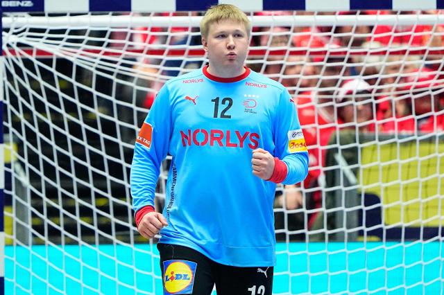 Denmark's goalkeeper #12 Emil Nielsen reacts during the men's EHF Euro 2026 main round handball match France vs Denmark in Herning, Denmark, on January 22, 2026. (Photo by Bo Amstrup / Ritzau Scanpix / AFP) / Denmark OUT