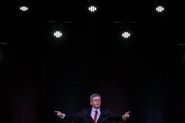 TOPSHOT - Leader of French left-wing La France Insoumise (LFI) party Jean-Luc Melenchon speaks during a campaign rally in support of La France Insoumise - Nouveau Front Populaire's MP Francois Piquemal, candidate in the municipal elections with the Demain Toulouse list in Toulouse on January 22, 2026. (Photo by Ed JONES / AFP)