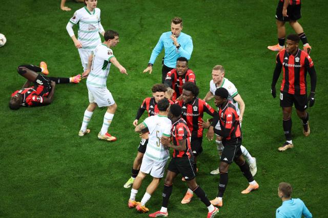 Nice and Eagles Players clash during the Europa League football match between OGC Nice and Go Ahead Eagles at Allianz Riviera stadium in Nice on January 22, 2026. (Photo by Valery HACHE / AFP)