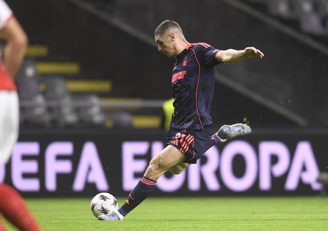 Nottingham Forest's Serbian defender #31 Nikola Milenkovic kicks the ball during the UEFA Europa League first round day 7 football match between SC Braga and Nottingham Forest FC at the Municipal stadium of Braga on January 22, 2026. (Photo by MIGUEL LEMOS / AFP)