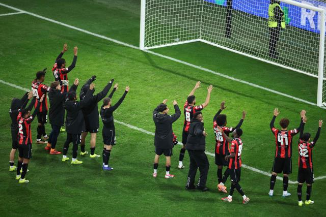 Nice's players celebrate after winning the Europa League football match between OGC Nice and Go Ahead Eagles at Allianz Riviera stadium in Nice on January 22, 2026. (Photo by Valery HACHE / AFP)