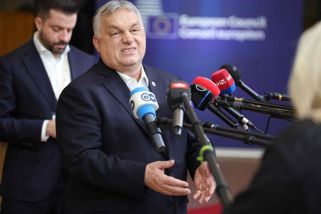 Hungary's Prime Minister Viktor Orban speaks to the press after an emergency meeting of the European Council over US President's Greenland threats, at the European headquarters in Brussels, on January 22, 2026. EU leaders meet on January 22, 2026, for an emergency summit on threats by US President to impose tariffs on countries opposed to his push to take Greenland, with crisis talks in Brussels coming to weigh potential countermeasures against the United States. (Photo by Ludovic MARIN / AFP)