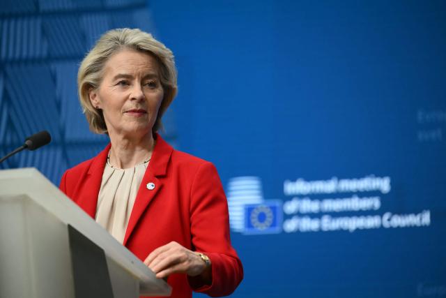European Commission President Ursula von der Leyen delivers a speech for a closing press conference after an emergency meeting of the European Council over US President's Greenland threats, at the European headquarters in Brussels, on January 22, 2026. EU leaders meet on January 22, 2026, for an emergency summit on threats by US President to impose tariffs on countries opposed to his push to take Greenland, with crisis talks in Brussels coming to weigh potential countermeasures against the United States. (Photo by NICOLAS TUCAT / AFP)