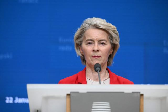 European Commission President Ursula von der Leyen delivers a speech for a closing press conference after an emergency meeting of the European Council over US President's Greenland threats, at the European headquarters in Brussels, on January 22, 2026. EU leaders meet on January 22, 2026, for an emergency summit on threats by US President to impose tariffs on countries opposed to his push to take Greenland, with crisis talks in Brussels coming to weigh potential countermeasures against the United States. (Photo by NICOLAS TUCAT / AFP)