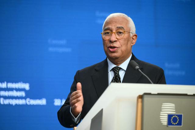 European Council President Antonio Costa delivers a speech for a closing press conference after an emergency meeting of the European Council over US President's Greenland threats, at the European headquarters in Brussels, on January 22, 2026. EU leaders meet on January 22, 2026, for an emergency summit on threats by US President to impose tariffs on countries opposed to his push to take Greenland, with crisis talks in Brussels coming to weigh potential countermeasures against the United States. (Photo by NICOLAS TUCAT / AFP)