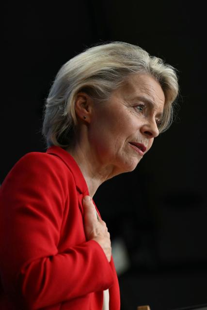 European Commission President Ursula von der Leyen delivers a speech for a closing press conference after an emergency meeting of the European Council over US President's Greenland threats, at the European headquarters in Brussels, on January 22, 2026. EU leaders meet on January 22, 2026, for an emergency summit on threats by US President to impose tariffs on countries opposed to his push to take Greenland, with crisis talks in Brussels coming to weigh potential countermeasures against the United States. (Photo by NICOLAS TUCAT / AFP)
