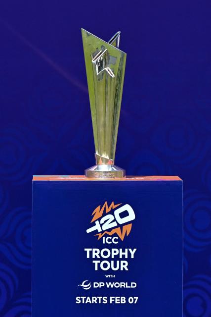 The 2026 ICC Men's T20 Cricket World Cup trophy is displayed during an unveiling event at the Sinhalese Sports Club (SSC) cricket stadium in Colombo on January 23, 2026. (Photo by Ishara S. KODIKARA / AFP)