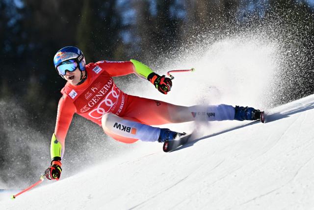 Switzerland's Marco Odermatt competes in the Men's Super G event of the FIS Alpine Ski World Cup in Kitzbuehel, Austria, on January 23, 2026. (Photo by Joe Klamar / AFP)