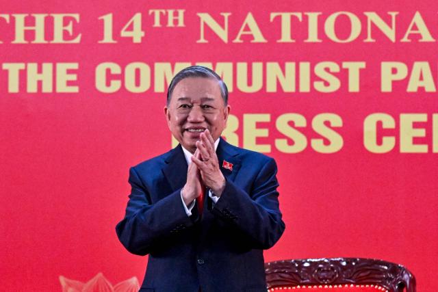 Vietnam's relected Communist Party General Secretary To Lam addresses a press conference after the closing ceremony of the Communist Party of Vietnam's (CPV) 14th National Congress at the National Convention Centre in Hanoi on January 23, 2026. Vietnam's Communist Party "unanimously" re-elected To Lam to the post of general secretary on January 23, it said on its website, confirming he will remain the country's top leader for the next five years. (Photo by Nhac NGUYEN / AFP)
