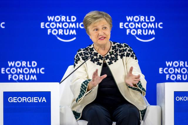 International Monetary Fund (IMF) managing director Kristalina Georgieva gestures as she speaks during the final day of the World Economic Forum (WEF) annual meeting in Davos on January 23, 2026. (Photo by Fabrice COFFRINI / AFP)