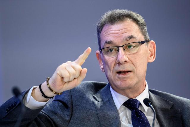 Pfizer chairman and CEO Albert Bourla gestures as he speaks during the final day of the World Economic Forum (WEF) annual meeting in Davos on January 23, 2026. (Photo by Fabrice COFFRINI / AFP)