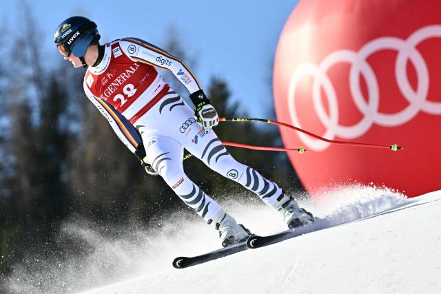 Germany's Simon Jocher reacts after missing the gate in the Men's Super G event of the FIS Alpine Ski World Cup in Kitzbuehel, Austria, on January 23, 2026. (Photo by Joe Klamar / AFP)