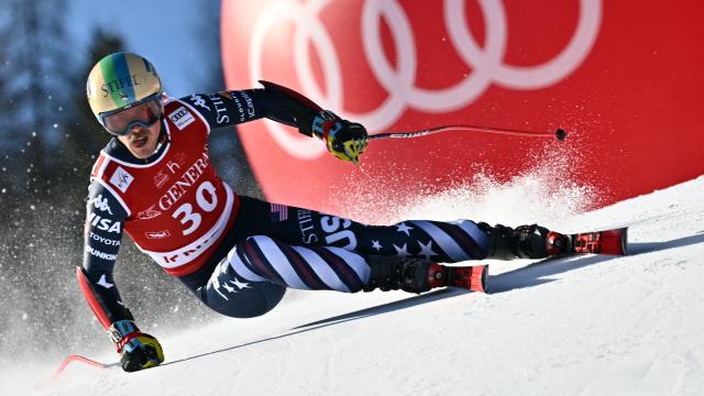 US' River Radamus competes in the Men's Super G event of the FIS Alpine Ski World Cup in Kitzbuehel, Austria, on January 23, 2026. (Photo by Joe Klamar / AFP)