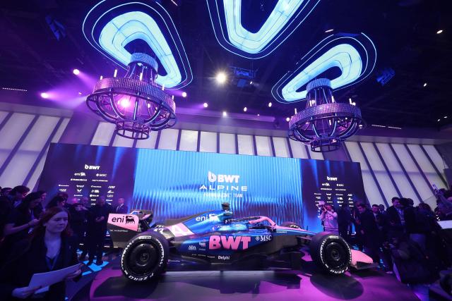 The Alpine F1 car is pictured on stage during the presentation of Alpine season on January 23, 2026 in Barcelona. (Photo by Josep LAGO / AFP)
