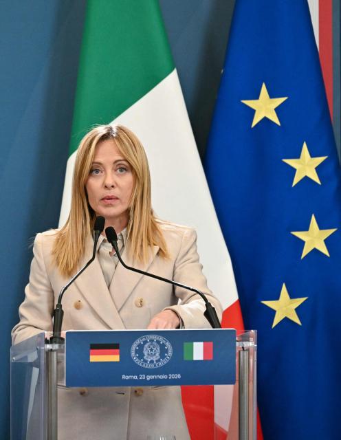 Italy's Prime Minister Giorgia Meloni attends a press conference aith Germany's Chancellor (unseen) after attending an Intergovernmental summit between Italy and Germany, at Villa Doria Pamphilj in Rome on January 23, 2026. (Photo by Andreas SOLARO / AFP)