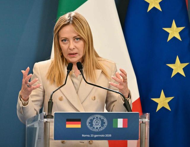 Italy's Prime Minister Giorgia Meloni attends a press conference aith Germany's Chancellor (unseen) after attending an Intergovernmental summit between Italy and Germany, at Villa Doria Pamphilj in Rome on January 23, 2026. (Photo by Andreas SOLARO / AFP)