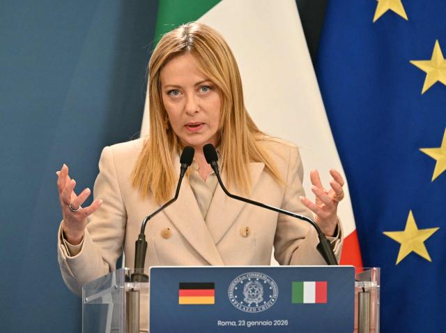 Italy's Prime Minister Giorgia Meloni attends a press conference aith Germany's Chancellor (unseen) after attending an Intergovernmental summit between Italy and Germany, at Villa Doria Pamphilj in Rome on January 23, 2026. (Photo by Andreas SOLARO / AFP)
