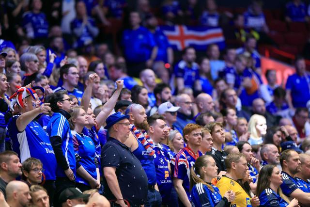 Iceland's fans cheer their team during the men's EHF Euro 2026 main round handball match Iceland v Croatia in Malmoe, Sweden, on January 23, 2026. (Photo by Andreas Hillergren/TT / various sources / AFP) / Sweden OUT