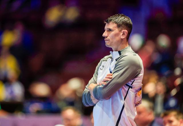 Switzerland's coach Andy Schmid looks on during the men's EHF Euro 2026 main round handball match Switzerland v Hungary in Malmoe, Sweden, on January 23, 2026. (Photo by Andreas Hillergren/TT / various sources / AFP) / Sweden OUT