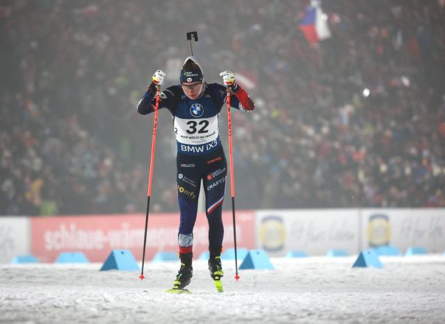 France's Justine Braisaz competes in the women's 12,5 km short individual event of the IBU Biathlon World Cup in Nove Mesto, Czech Republic, on January 23, 2026. (Photo by Radek Mi?a / AFP)