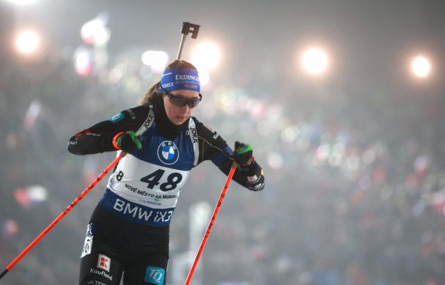 Germany's Franziska Preuss competes in the women's 12,5 km short individual event of the IBU Biathlon World Cup in Nove Mesto, Czech Republic, on January 23, 2026. (Photo by Radek Mi?a / AFP)