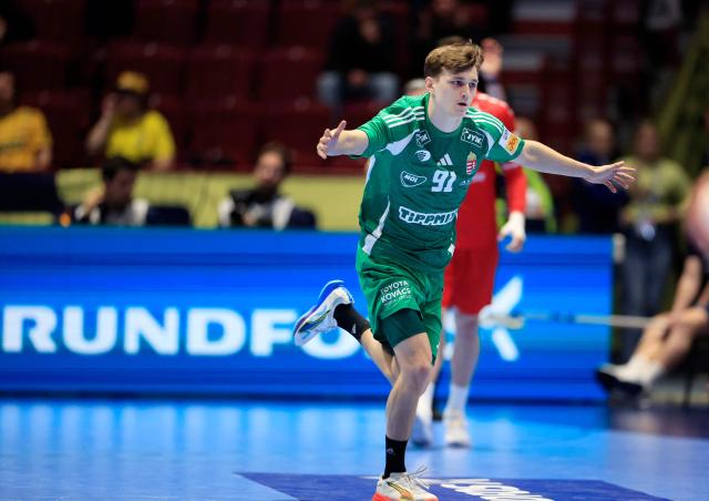 Hungary's right winger #91 Bence Imre celebrates during the men's EHF Euro 2026 main round handball match Switzerland v Hungary in Malmoe, Sweden, on January 23, 2026. (Photo by Andreas Hillergren/TT / various sources / AFP) / Sweden OUT